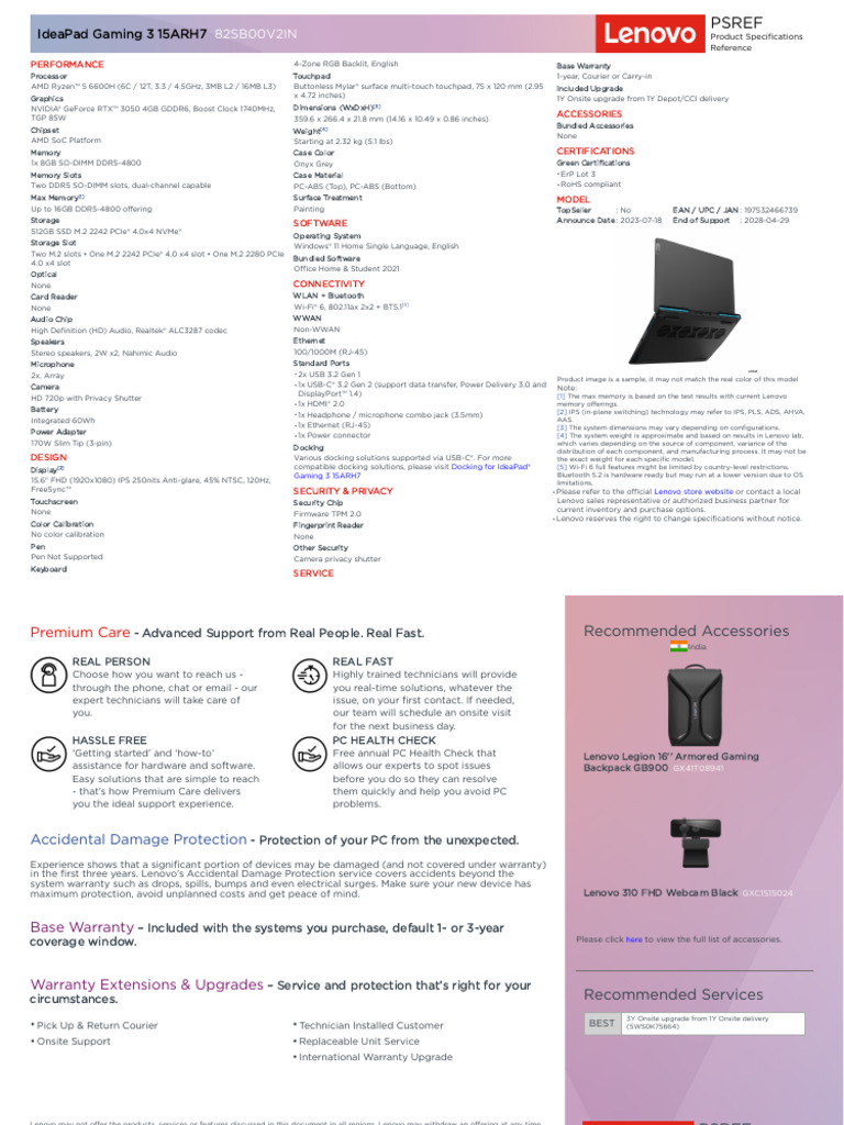 IdeaPad Gaming 3 15ARH7 82SB00V2IN Specification 20260101094246 | PDF ...