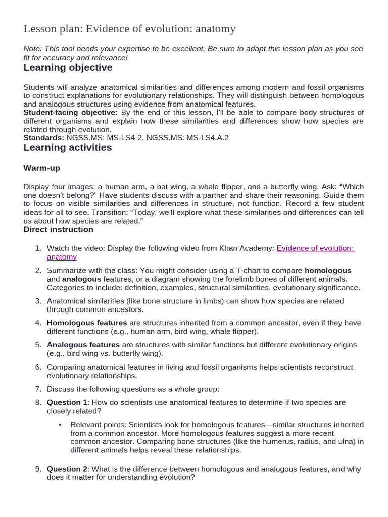Lesson Plan - Evidence of Evolution - Anatomy | PDF