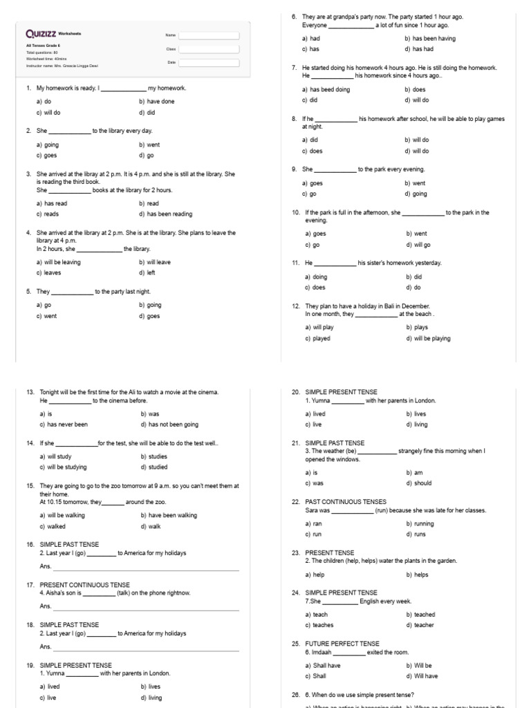 All Tenses Grade 6 - Quizizz | PDF | Grammatical Tense | Language Mechanics