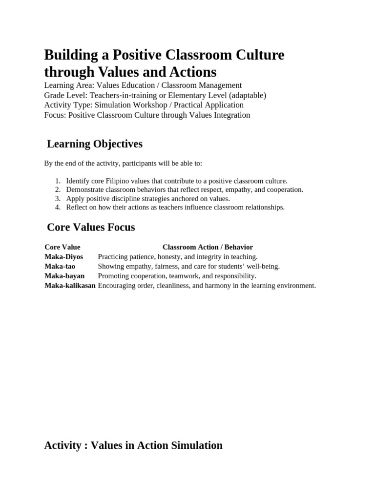 Lesson 9 Building A Positive Classroom Culture Through Values and ...