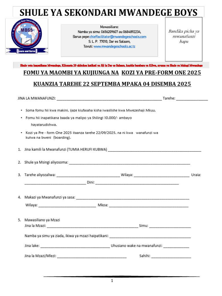 Application Pre Form One 2025.2026 | PDF
