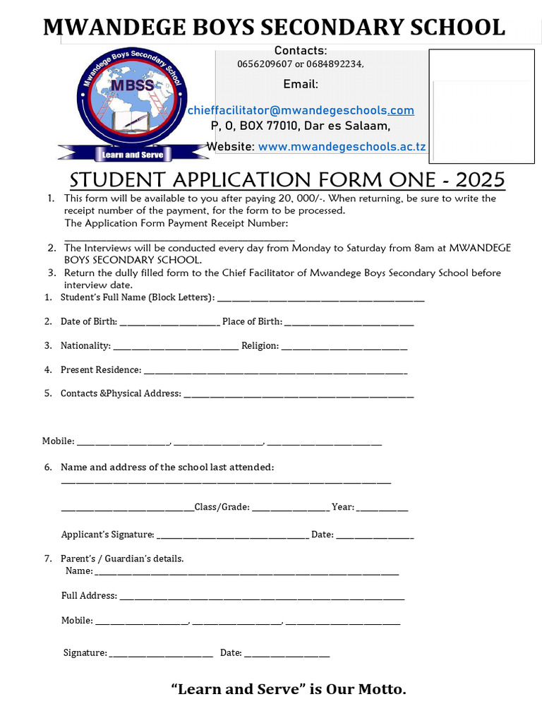 Application For Form One 2025 | PDF