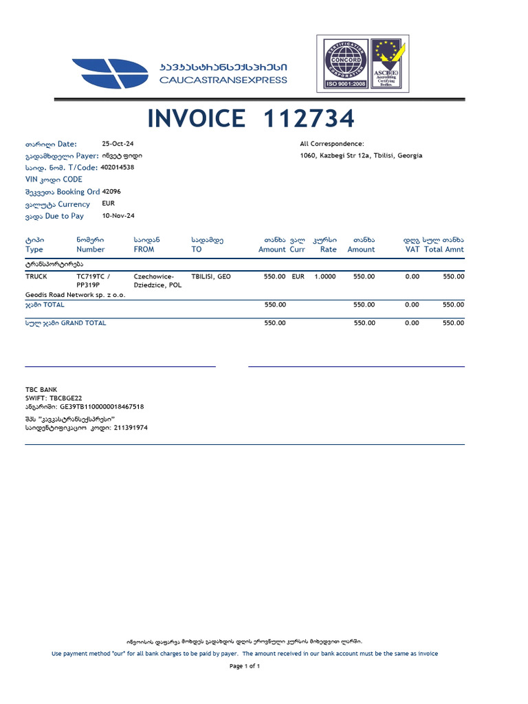 Invoice 112734: Payer: Date: - . T/Code: VIN Code | PDF