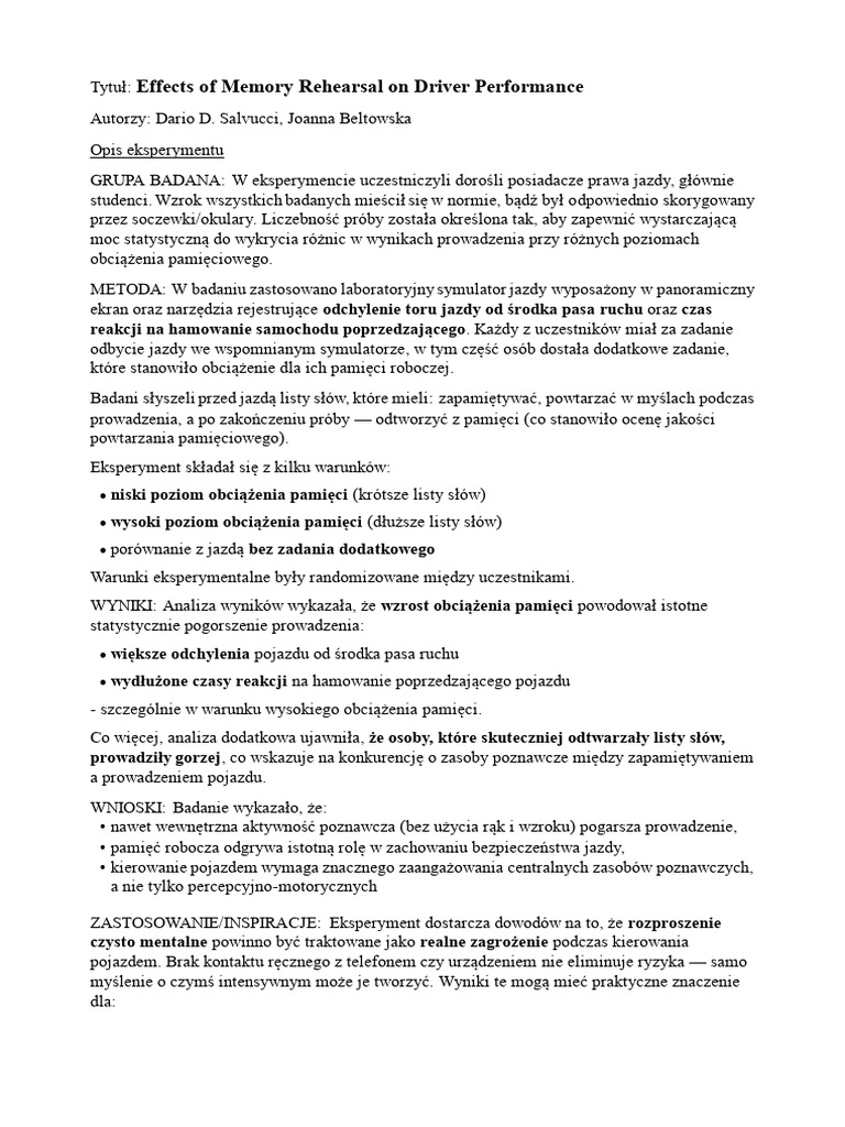 Opis Eksperymentu - Effects of Memory Rehearsal On Driver Performance | PDF