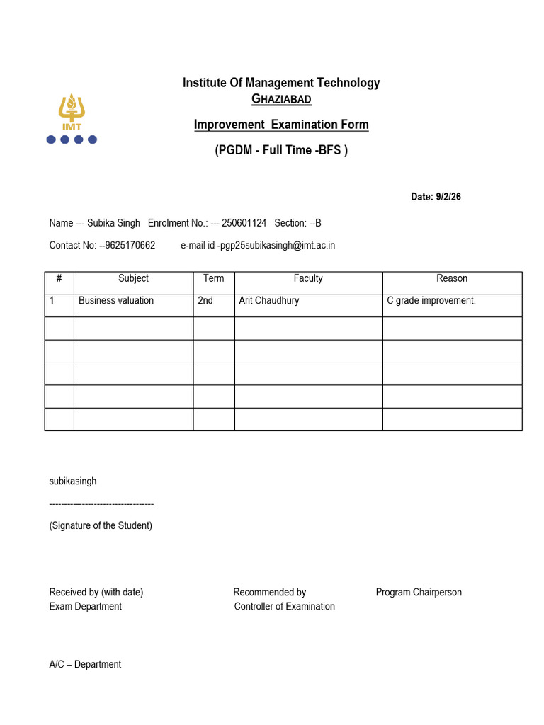 Improvement Exam Form - SubikaSingh - 250601124 | PDF