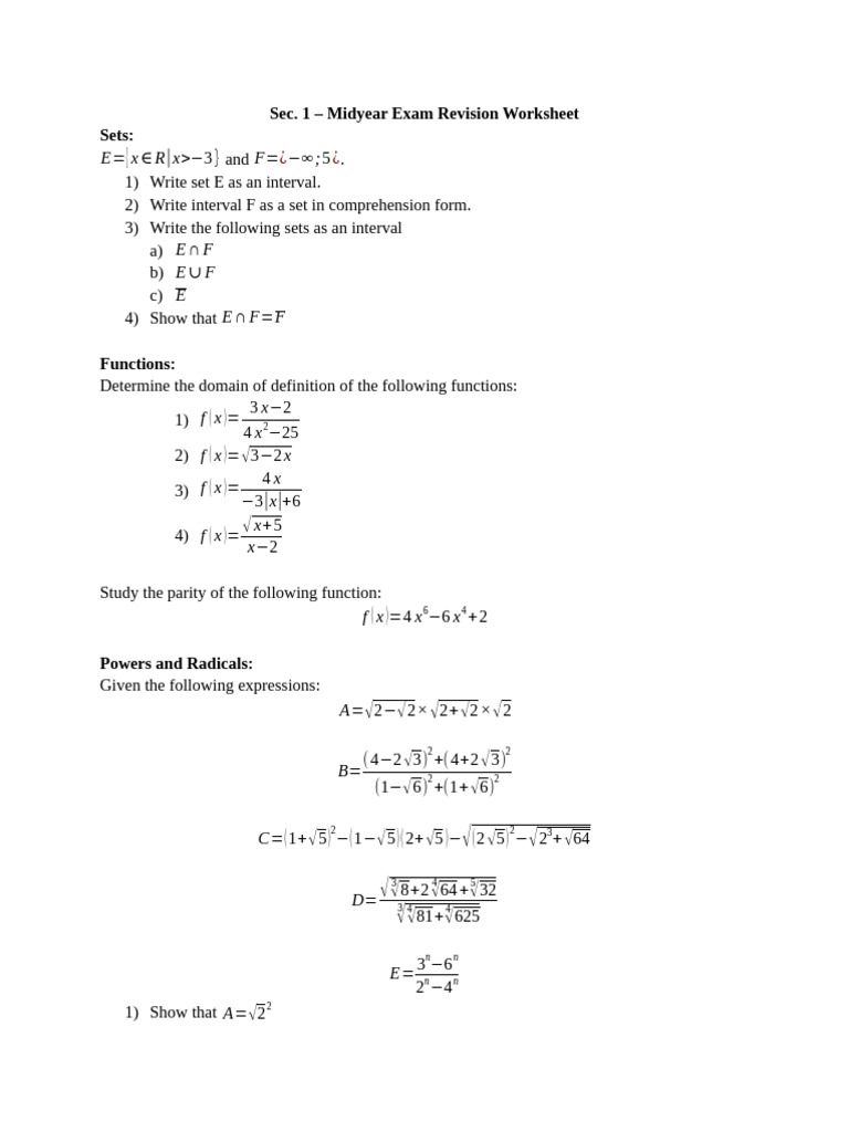 Revision Worksheet Sec 1 Math | PDF | Function (Mathematics) | Complex ...