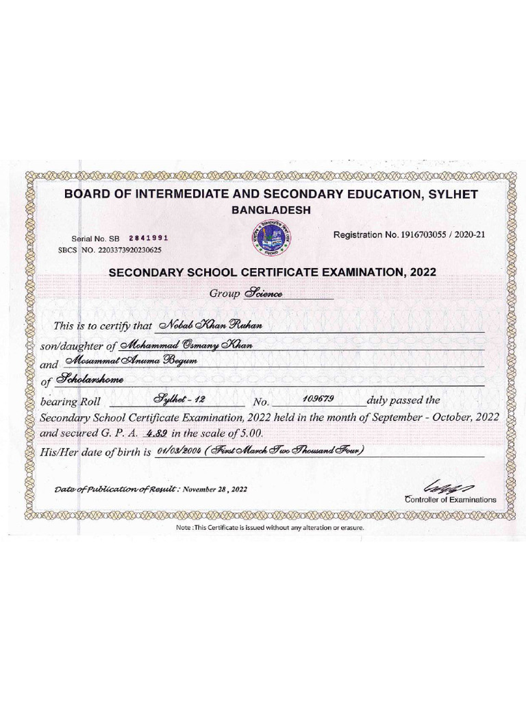 SSC Certificate | PDF