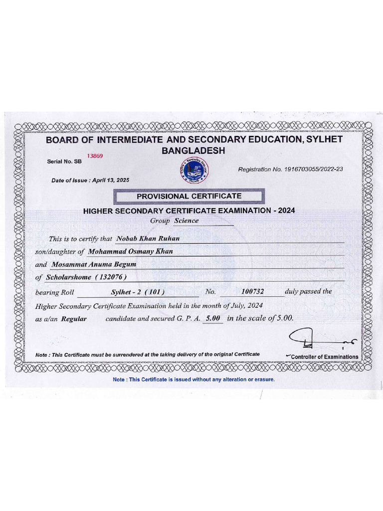 HSC Certificate | PDF