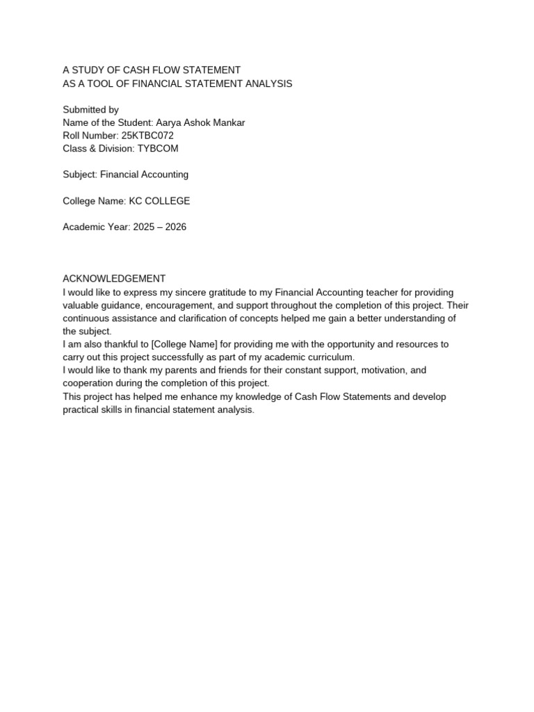 A Study of Cash Flow Statement | PDF