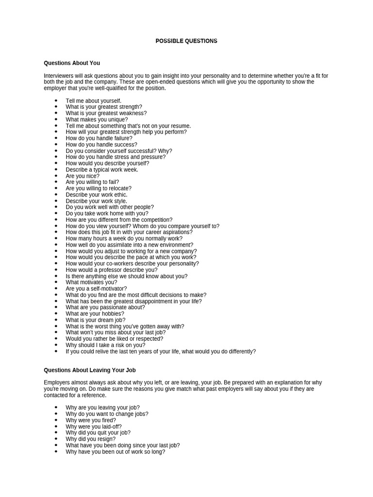 Mock Job Interview Possible Questions | PDF | Job Interview | Résumé