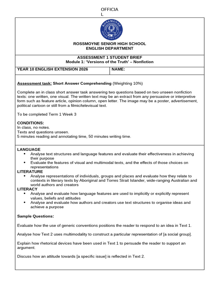 Assessment 1 Task Brief and Marking Key | PDF | Human Communication ...
