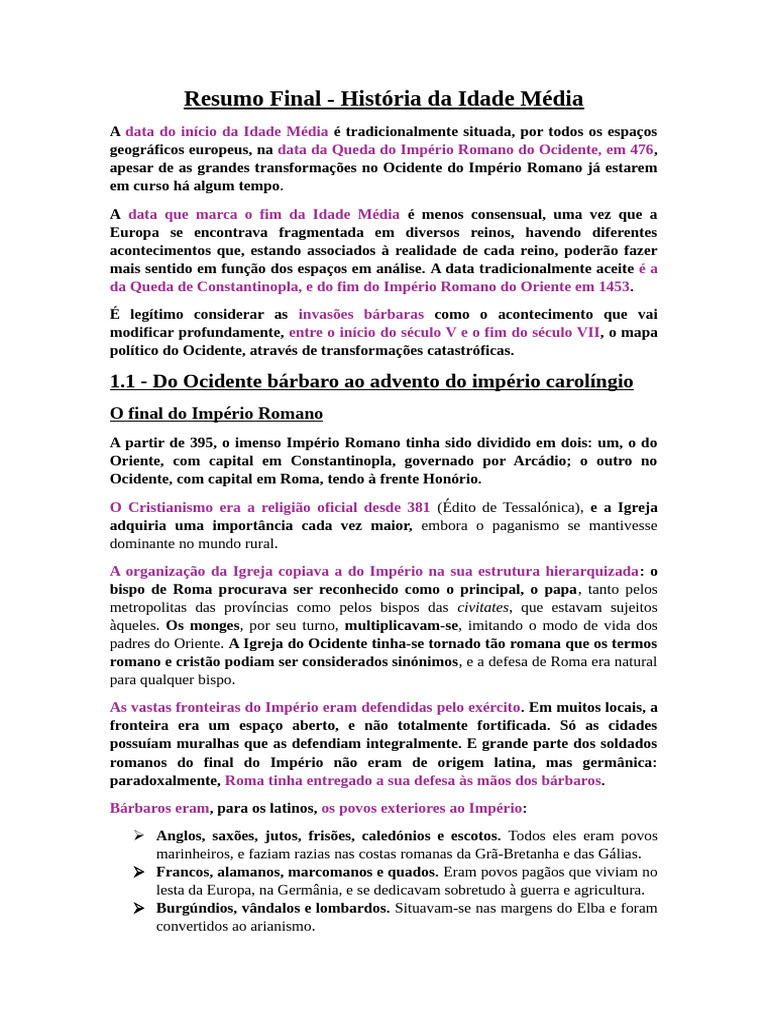 Resumo Final - História Da Idade Média | PDF | Império Bizantino ...