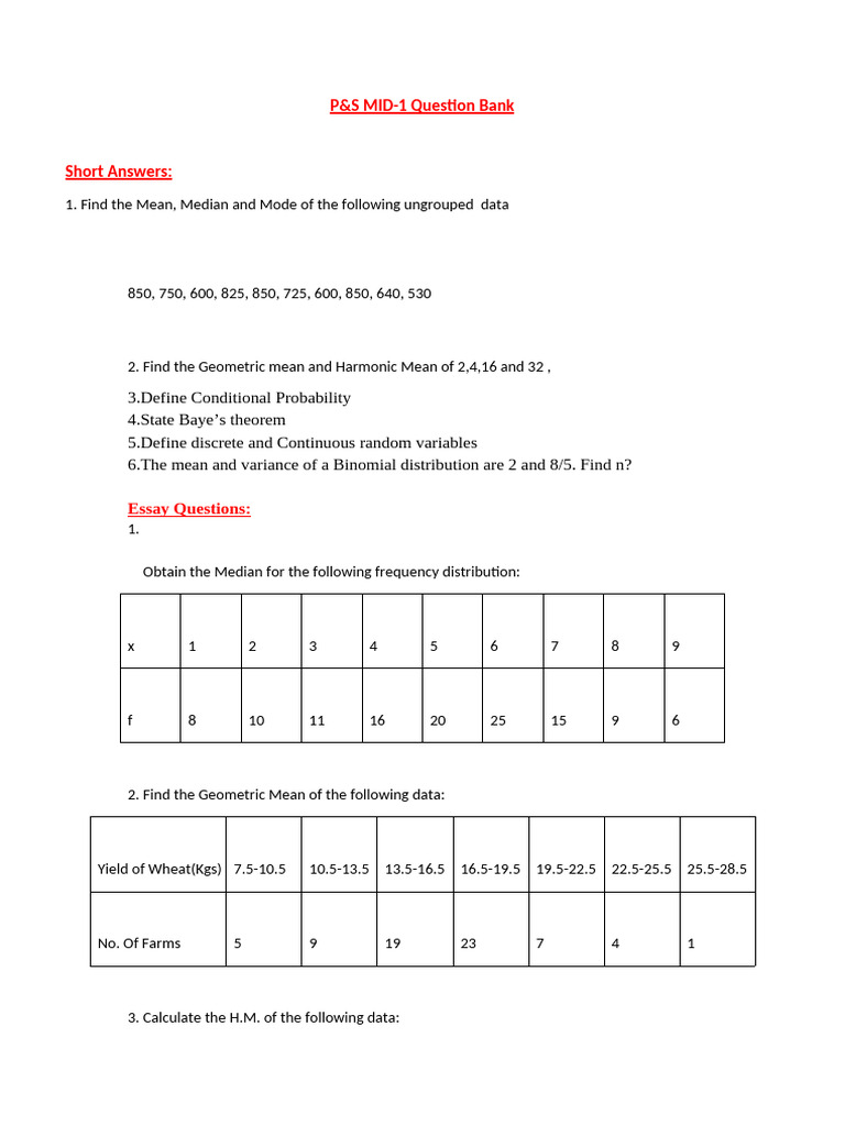 25-26 P&S Mid-1 Question Bank | PDF | Mean | Probability Distribution