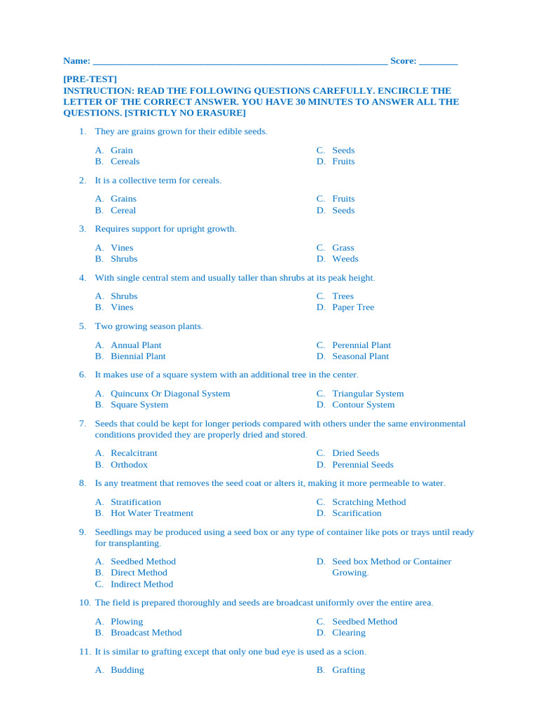 Pre and Post Test For Acp Trainees | PDF | Grafting | Plants