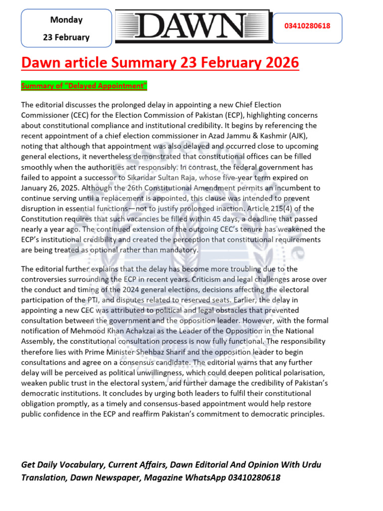 Feb 23 Dawn Editorial and Opinion Summary | PDF