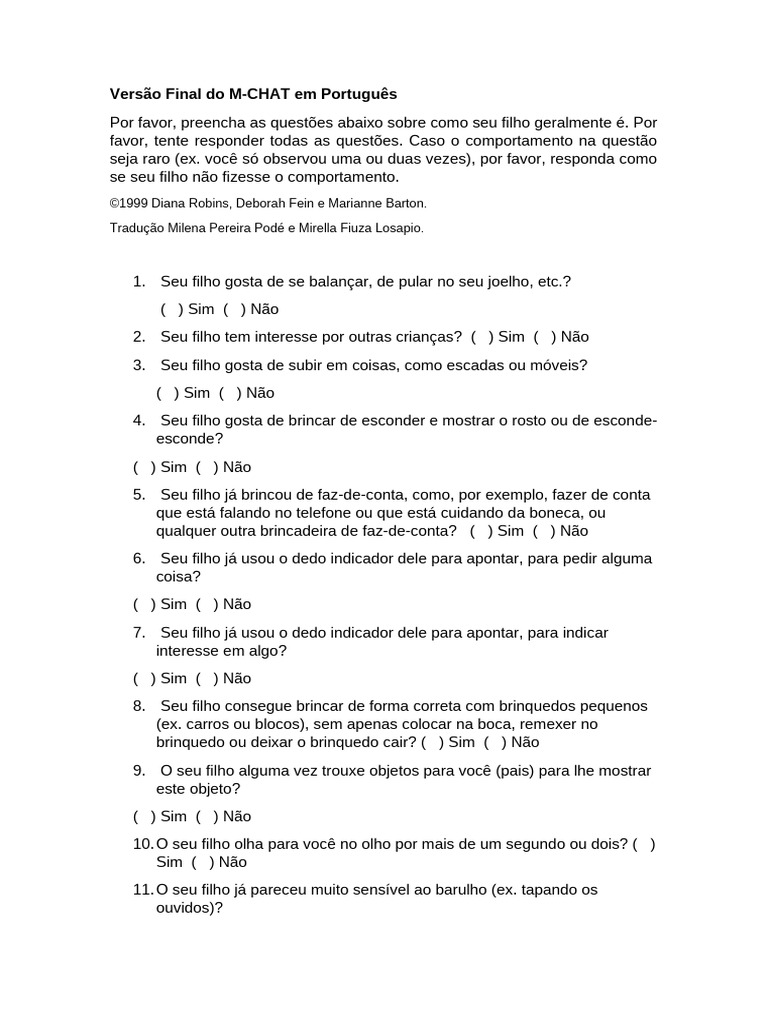 Questionário M CHAT. | PDF