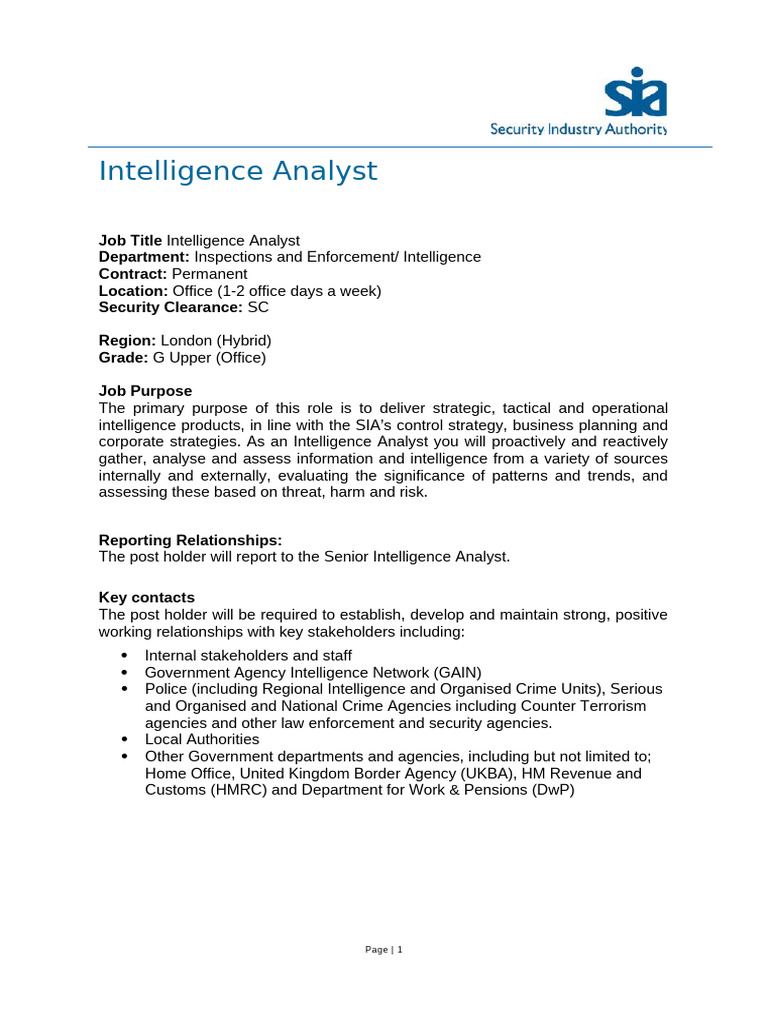 Intelligence Analyst: Job Title Department: Contract: Location ...