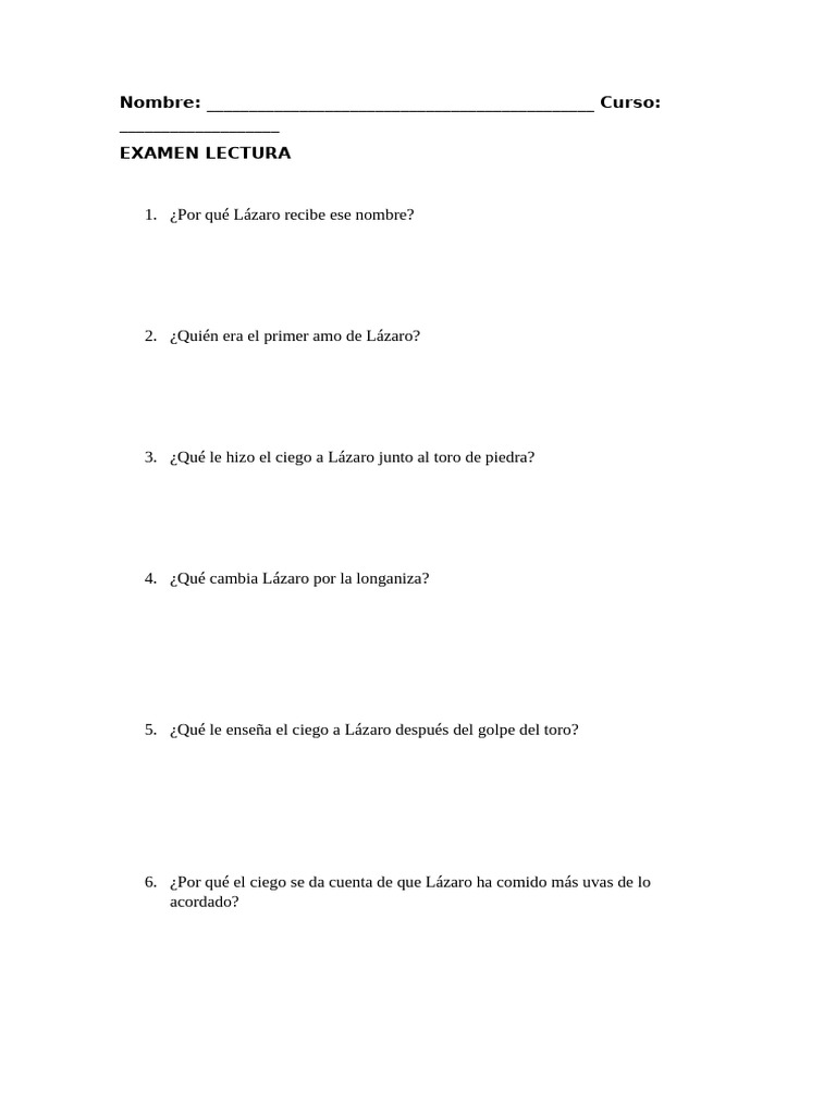 Examen Lazarillo de Tormes - 3º ESP | PDF