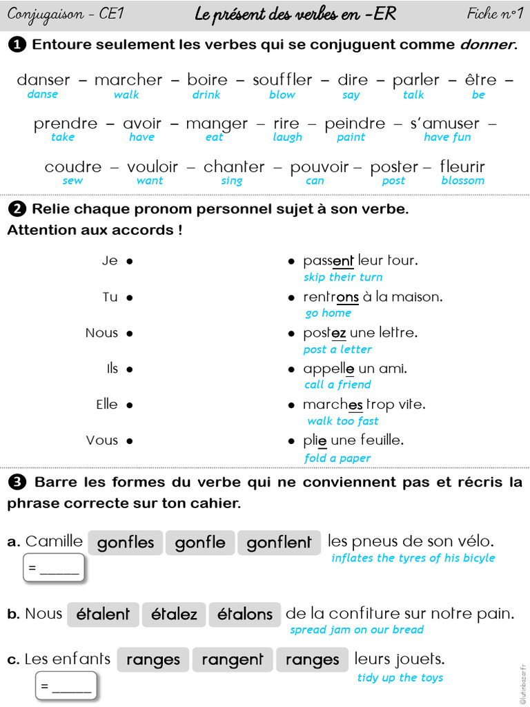 Present Des Verbes en ER - Fiches Dexercices CE1 LB | PDF | Nombre ...