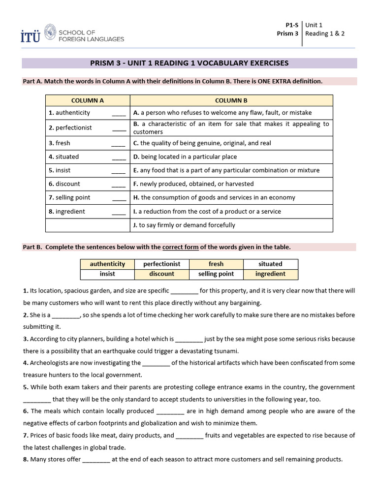 Prism 3 Reading Unit 1 R1 & R2 Vocabulary Exercise | PDF