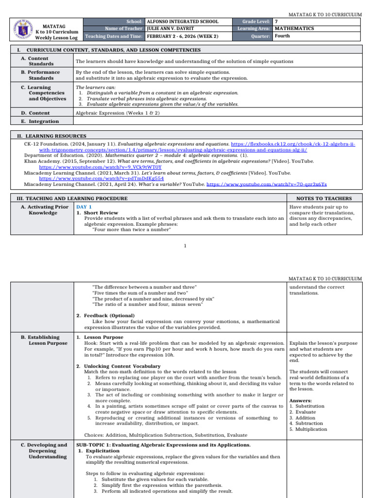 DTC - DLL Matatag - Mathematics 7 q4 w2 | PDF | Learning | Variable ...