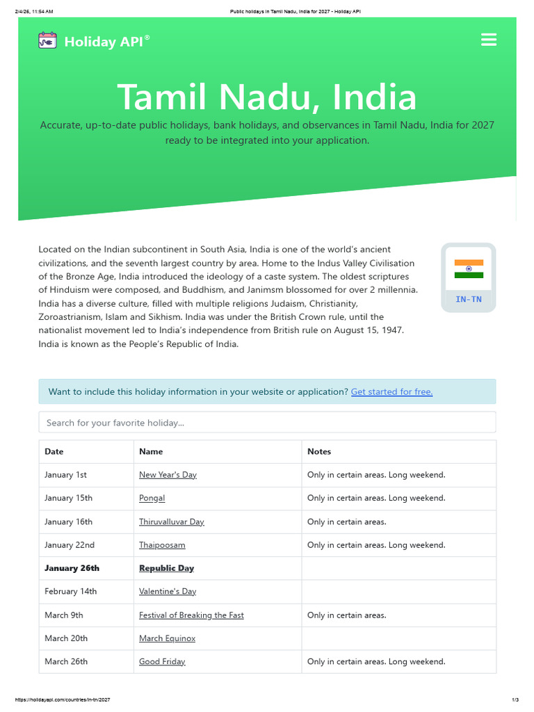 Public Holidays in Tamil Nadu, India For 2027 - Holiday API | PDF