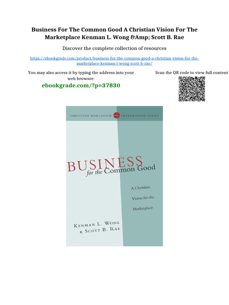 Business For The Common Good A Christian Vision For The Marketplace ...