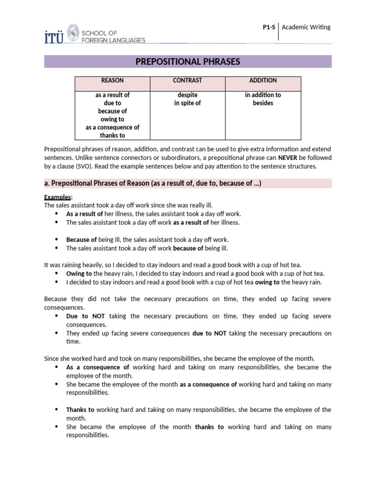 Supplementary Writing Material - Prepositional Phrases | PDF | Phrase ...