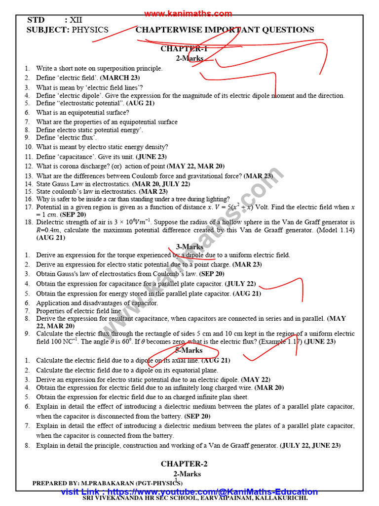 Kani Maths 12th Physics em Chapter Wise Important Question 2m 3m | PDF ...