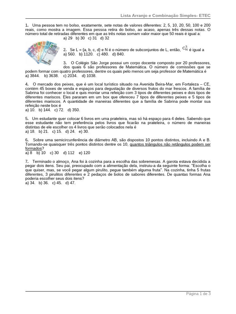 Arranjo e Combinação ETEC - Lista Exercícios | PDF | Matemática | Triângulo