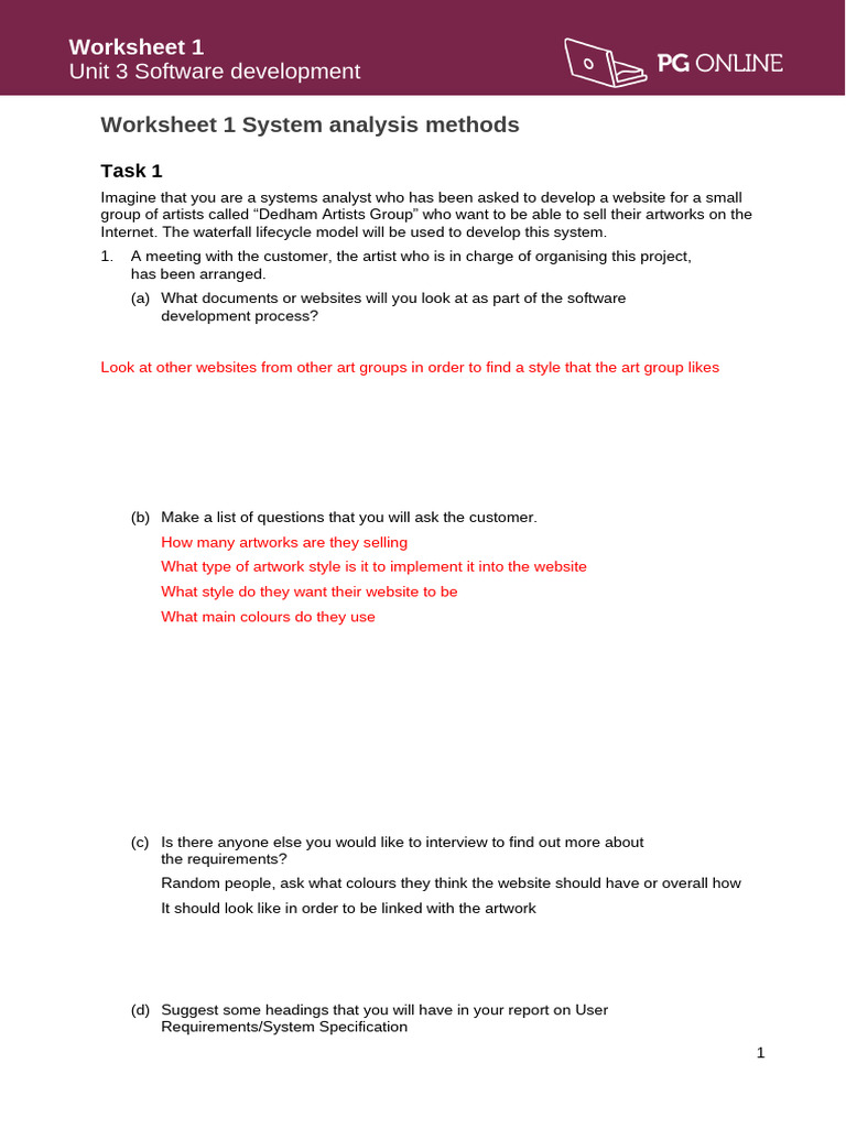Software Development Worksheet 1 Systems Analysis Methods | PDF | Agile ...