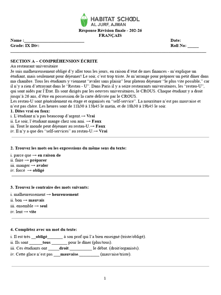 Grade 9 Answer Key - Sa 2 Revision Worksheet | PDF