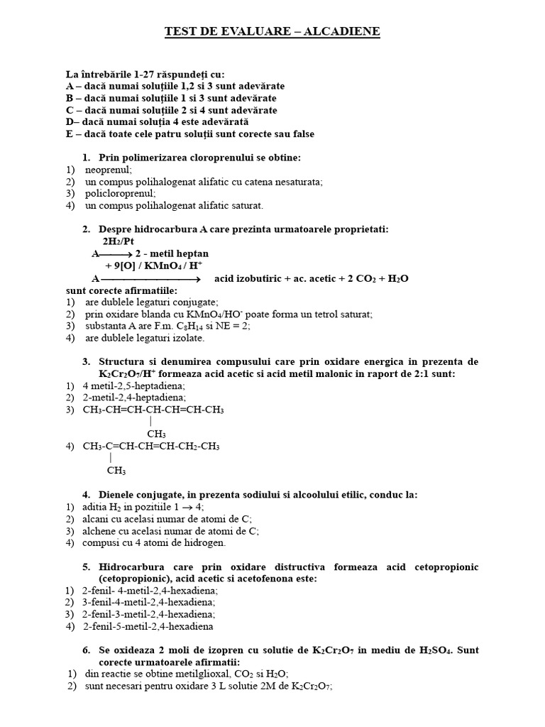 Test de Evaluare - Alcadiene (CG-CS) | PDF
