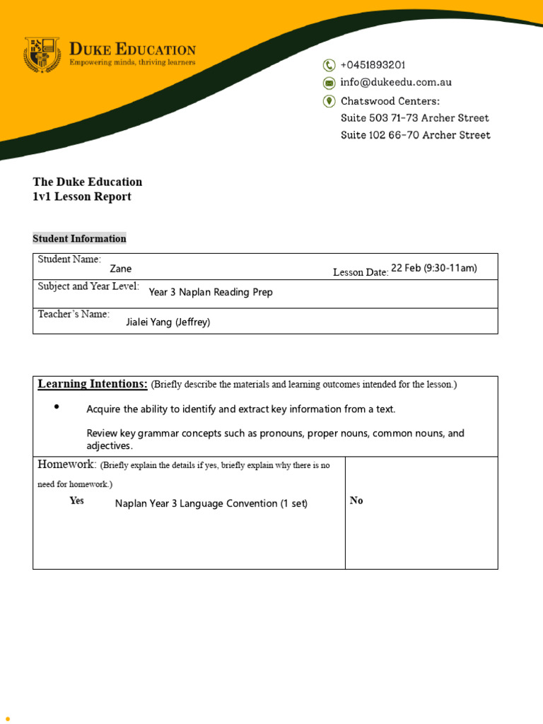Lesson Report Form - Zane | PDF
