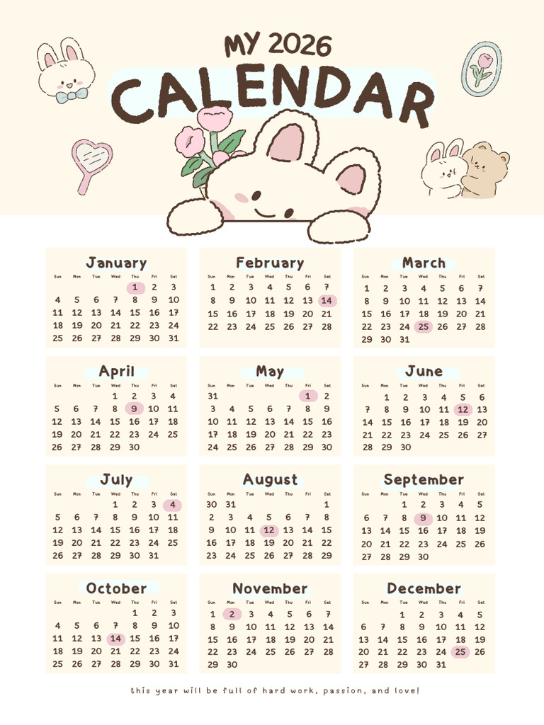Cream Pastel Cute Bunny 2026 Calendar Card | PDF