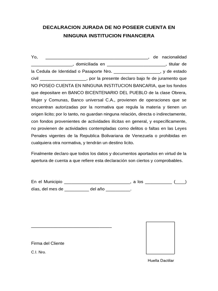 Decalracion Jurada de No Poseer Cuenta en Ninguna Institucion ...
