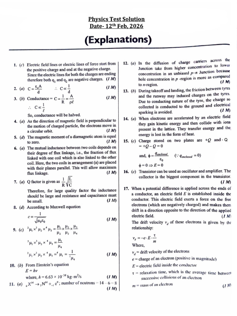 12th Physics Test Solution 12th Feb, 2026 | PDF