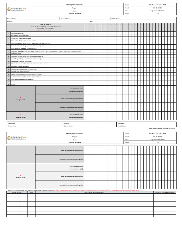 RG-MASA-SSO-SEG-119-PT - Check List de Inspeção de Ônibus Mensal | PDF ...