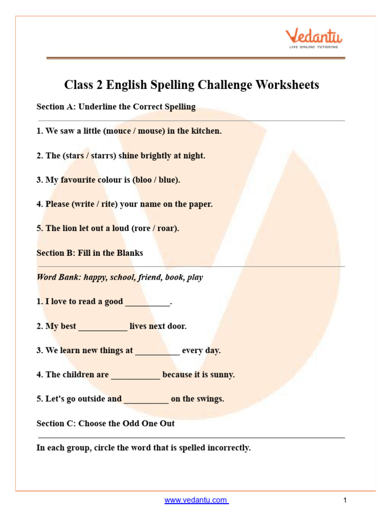 Class 2 Spelling Challenge Worksheet PDF - Grade 2 Practice | PDF