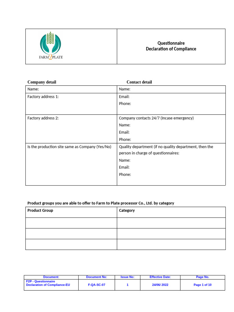 F-QA-SC-07 F2P Factory Questionnaire Declaration of Compliance Form #1 ...