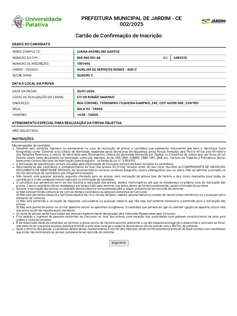 Cartão de Confirmação de Inscrição | PDF