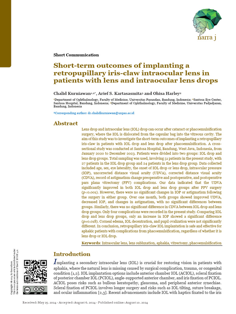 Short-Term Outcomes of Implanting A Retropupillary Iris-Claw ...
