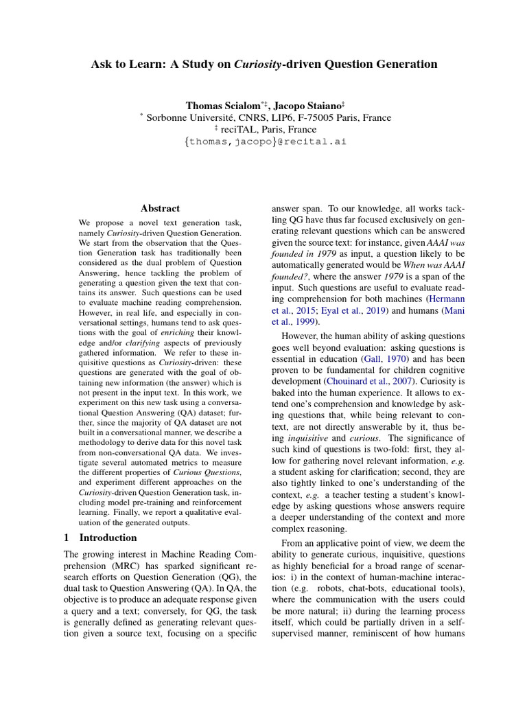 Ask To Learn: A Study On - Driven Question Generation: Curiosity | PDF ...