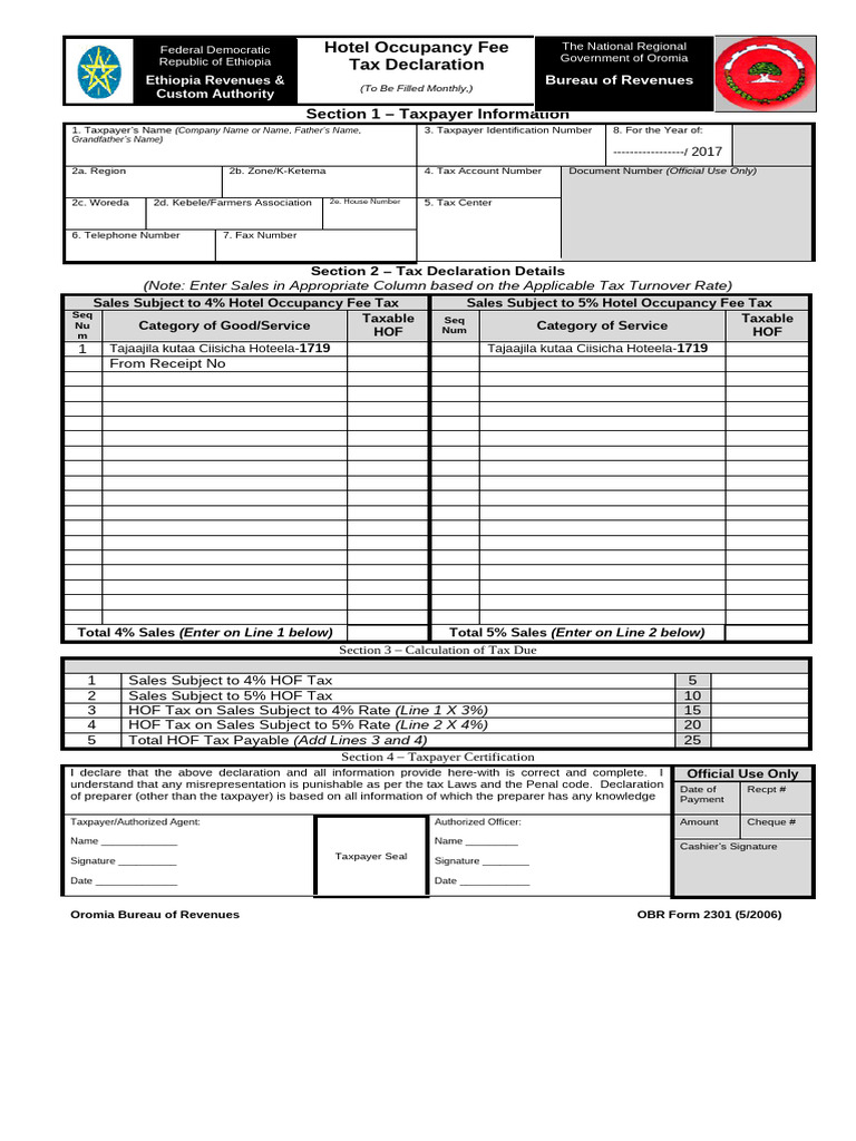 Hotel Occepuncy Fee Declaration Form | PDF | Taxes | Taxpayer