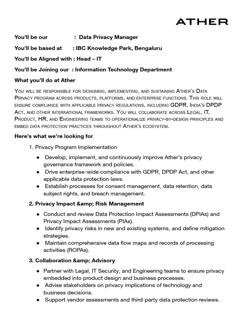 Data Privacy Manager - JD | PDF | Privacy | Regulatory Compliance