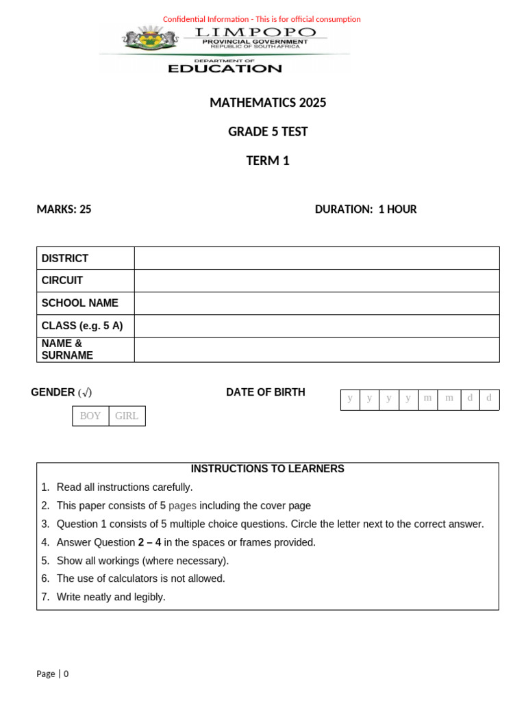 Grade 5 Mathematics Test 2025 Term 1 | PDF | Mathematics