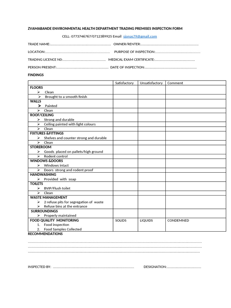 Trading Premises Inspection Form | PDF
