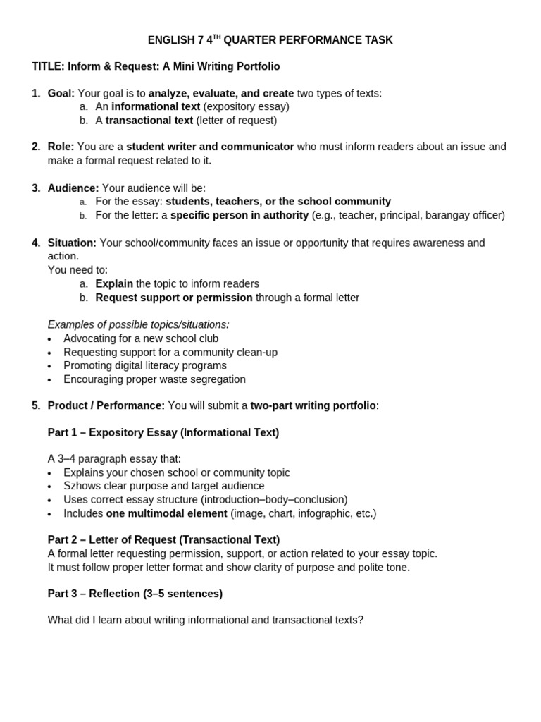 4th Quarter Performance Task | PDF | Essays | Communication