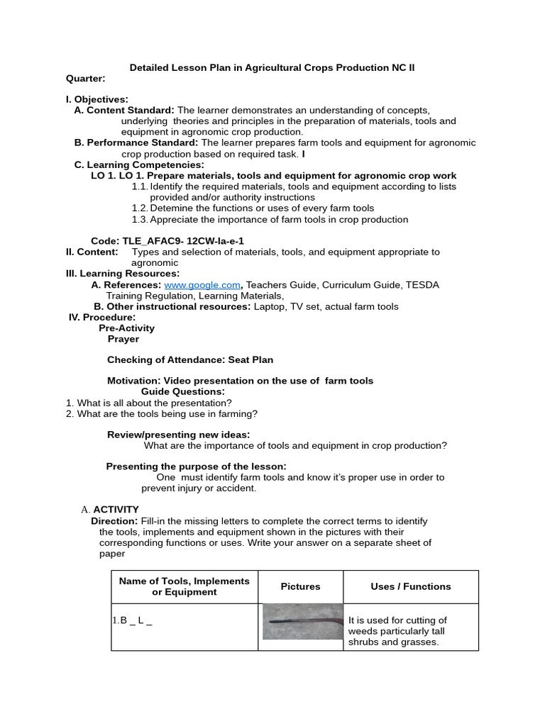 AFA 10 Lesson Plan | PDF | Tillage | Learning