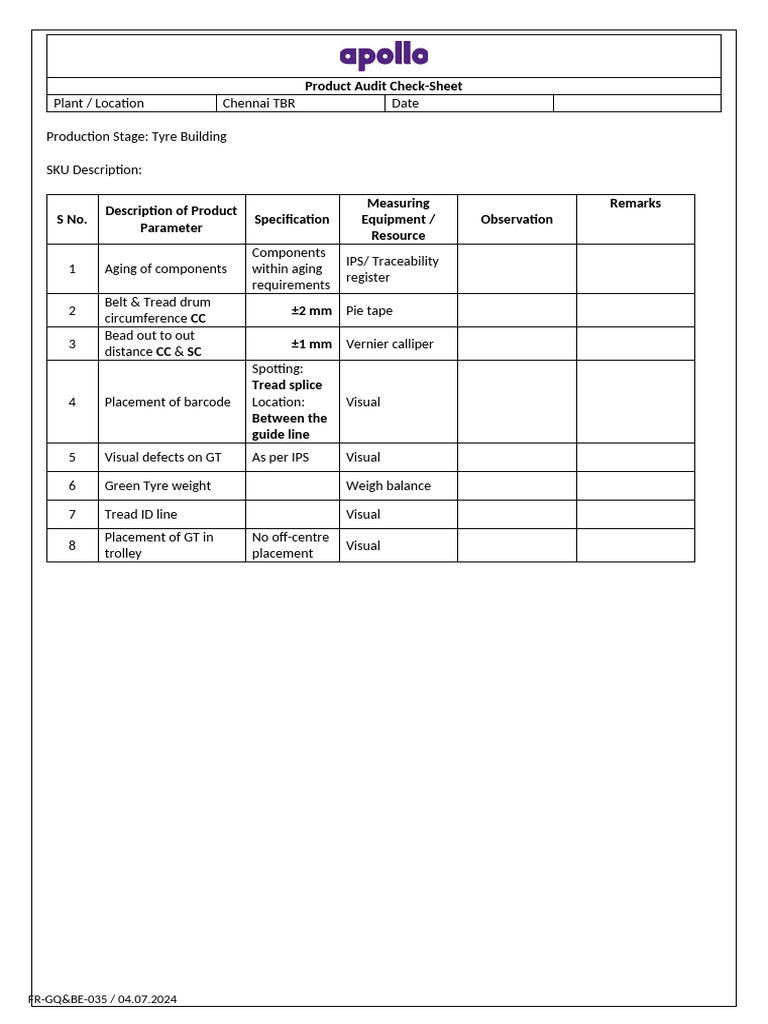 Product Audit Checksheet - Building - 9&10 R20 Sizes | PDF | Tire